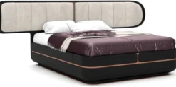 Casa Padrino Luxus Doppelbett Grau / Schwarz / Kupfer 330 x 215 x H. 120 cm - Massivholz Bett mit gepolstertem Kopfteil - Schlafzimmer Möbel - Hotel Möbel - Luxus Möbel