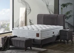 Casa Padrino Luxus Doppelbett Grau / Weiß / Dunkelbraun 180 x 200 cm - Massivholz Bett mit Kopfteil und Matratze - Schlafzimmer Möbel - Hotel Möbel - Luxus Möbel - Luxus Einrichtung