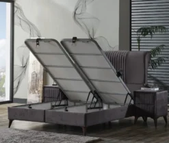 Casa Padrino Luxus Doppelbett Grau / Weiß / Dunkelbraun 180 x 200 cm - Massivholz Bett mit Kopfteil und Matratze - Schlafzimmer Möbel - Hotel Möbel - Luxus Möbel - Luxus Einrichtung