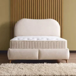 Casa Padrino Luxus Doppelbett mit Matratze und LED Beleuchtung Beige / Braun 180 x 200 cm - Hotel Möbel - Schlafzimmer Möbel