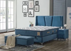 Casa Padrino Luxus Doppelbett Blau / Weiß / Silber 180 x 200 cm - Massivholz Bett mit Kopfteil und Matratze - Schlafzimmer Möbel - Hotel Möbel - Luxus Möbel - Luxus Einrichtung