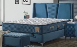 Casa Padrino Luxus Doppelbett Blau / Weiß / Silber 180 x 200 cm - Massivholz Bett mit Kopfteil und Matratze - Schlafzimmer Möbel - Hotel Möbel - Luxus Möbel - Luxus Einrichtung