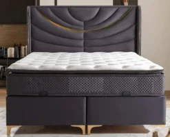 Casa Padrino Luxus Doppelbett Lila / Gold - Verschiedene Größen - Massivholz Bett mit Kopfteil und Matratze - Hotel Möbel - Schlafzimmer Möbel - Luxus Möbel