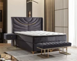 Casa Padrino Luxus Doppelbett Lila / Gold - Verschiedene Größen - Massivholz Bett mit Kopfteil und Matratze - Hotel Möbel - Schlafzimmer Möbel - Luxus Möbel