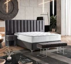 Casa Padrino Luxus Doppelbett Grau / Silber - Verschiedene Größen - Massivholz Bett mit Kopfteil und Matratze - Schlafzimmer Möbel - Hotel Möbel - Luxus Möbel