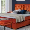 Casa Padrino Luxus Doppelbett Orange / Naturfarben - Modernes Massivholz Bett mit Kopfteil und Matratze - Moderne Schlafzimmer Möbel - Luxus Kollektion