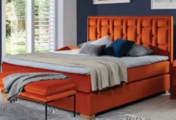 Casa Padrino Luxus Doppelbett Orange / Naturfarben - Modernes Massivholz Bett mit Kopfteil und Matratze - Moderne Schlafzimmer Möbel - Luxus Kollektion