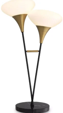 Casa Padrino Luxus Doppel Tischleuchte Antik Messingfarben / Schwarz / Weiß 50 x 28 x H. 87 cm - Schreibtschleuchte mit Marmorfuß - Luxus Kollektion