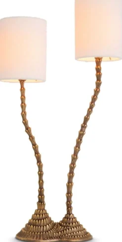 Casa Padrino Luxus Doppel Tischleuchte Vintage Messing / Weiß 27,5 x 15 x H. 78 cm - Schreibtischleuchte im Palmen Design - Luxus Tischleuchten - Luxus Schreibtischleuchten - Luxus Qualität
