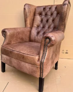 Casa Padrino Luxus Echtleder Chesterfield Ohrensessel Vintage Braun / Schwarz Wohnzimmer Sessel Leder