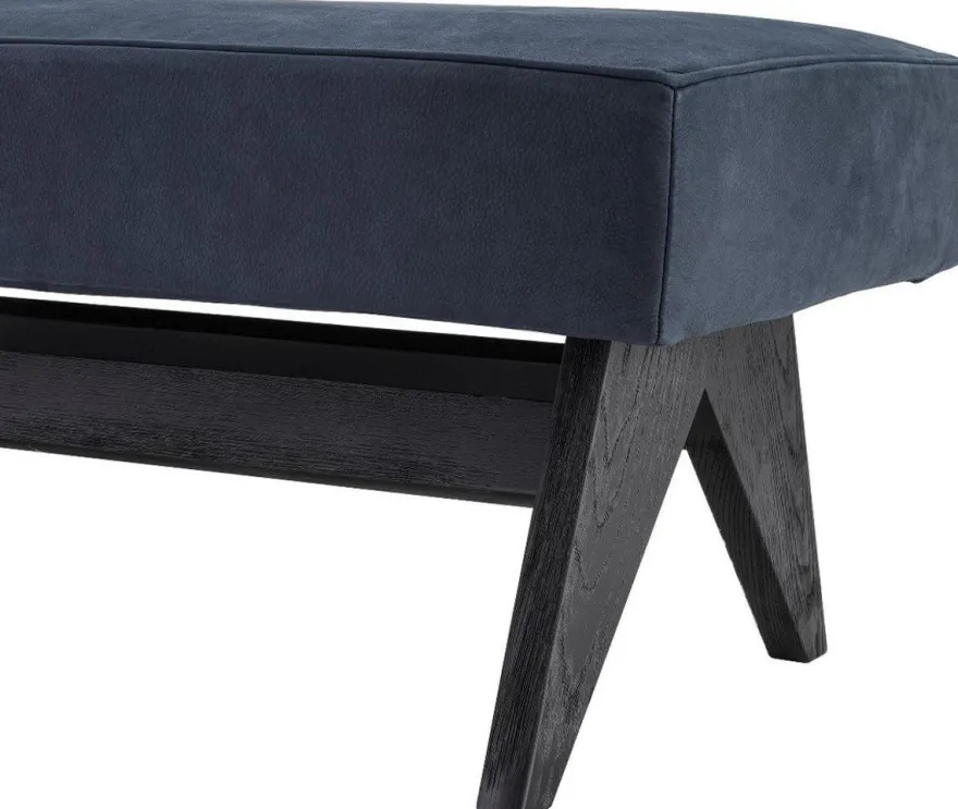 Casa Padrino Luxus Echtleder Bank Blau / Schwarz 164 x 54 x H. 44 cm - Gepolsterte Massivholz Sitzbank mit edlem Nubuk Büffelleder - Luxus Möbel