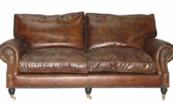 Casa Padrino Luxus Echt Leder Sofa im Art Deco Stil - 3 Sitzer - Cigar Braun - 201 x 105 x 93 cm