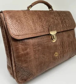 Casa Padrino Luxus Echtleder Herren Aktentasche in Kroko Optik Braun / Gold 42 cm - Made in Italy