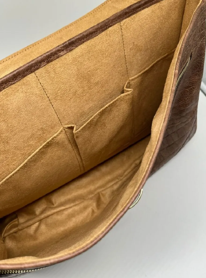 Casa Padrino Luxus Echtleder Herren Aktentasche in Kroko Optik Braun / Gold 42 cm - Made in Italy