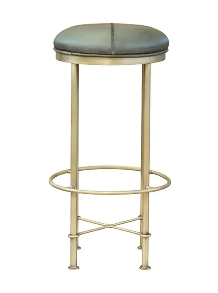 Casa Padrino Luxus Echtleder Barhocker Grün / Antik Messing H. 75 cm - Bar Möbel