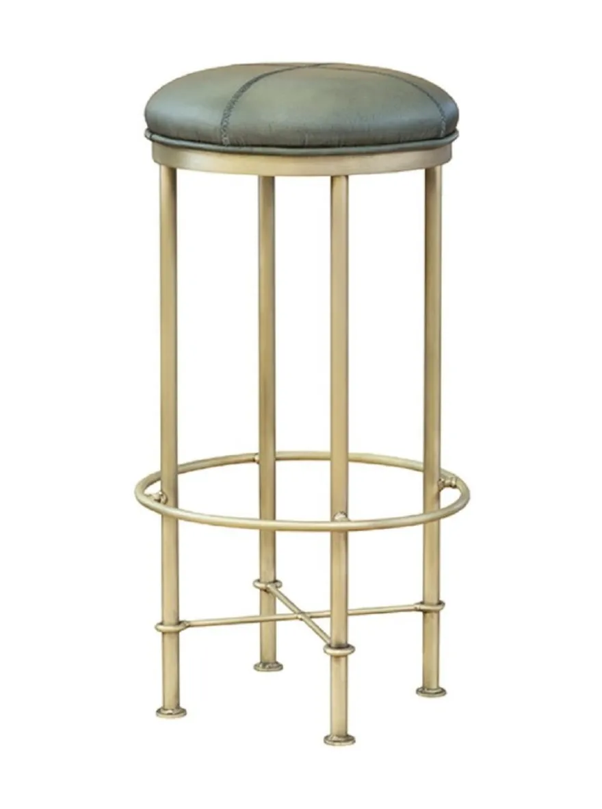 Casa Padrino Luxus Echtleder Barhocker Grün / Antik Messing H. 75 cm - Bar Möbel