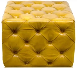 Casa Padrino Luxus Echtleder Fußhocker Vintage Gelb 64 x 64 x H. 46 cm - Chesterfield Möbel