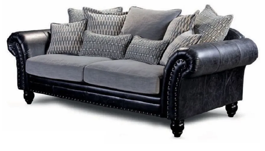 Casa Padrino Luxus Echtleder 3er Sofa Vintage Schwarz / Grau 230 cm