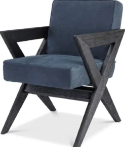 Casa Padrino Luxus Echtleder Esszimmerstuhl mit Armlehnen Blau / Schwarz 59 x 74 x H. 88 cm - Küchenstuhl mit edlem Nubuk Büffelleder - Luxus Esszimmer Möbel