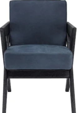 Casa Padrino Luxus Echtleder Esszimmerstuhl mit Armlehnen Blau / Schwarz 59 x 74 x H. 88 cm - Küchenstuhl mit edlem Nubuk Büffelleder - Luxus Esszimmer Möbel