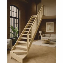 Casa Padrino Luxus Eck-Holztreppe mit Geländer rechte Seite Naturfarben H. 364 cm