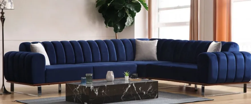 Casa Padrino Luxus Ecksofa mit verstellbaren Rückenlehnen Blau / Braun / Silber 320 x 180 x H. 80 cm - Wohnzimmer Sofa - Wohnzimmer Möbel - Luxus Möbel - Luxus Einrichtung