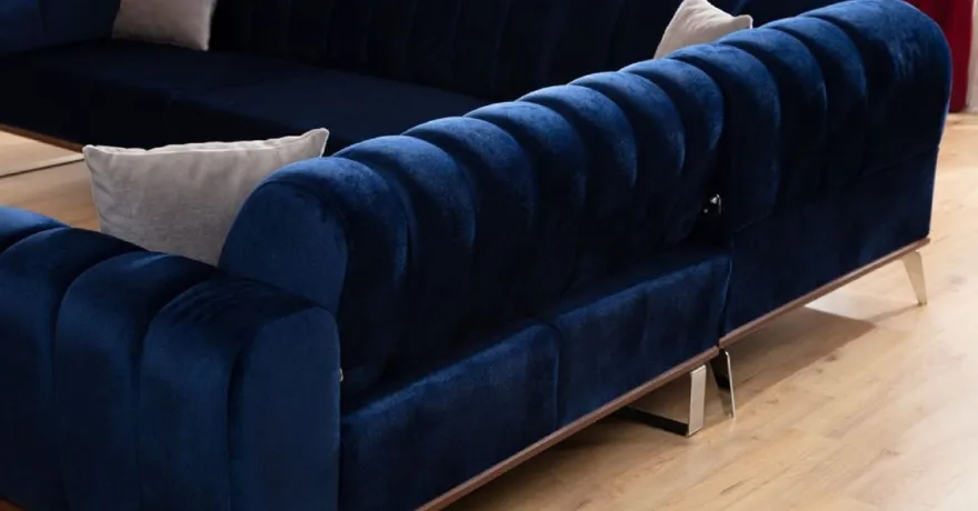 Casa Padrino Luxus Ecksofa mit verstellbaren Rückenlehnen Blau / Braun / Silber 320 x 180 x H. 80 cm - Wohnzimmer Sofa - Wohnzimmer Möbel - Luxus Möbel - Luxus Einrichtung