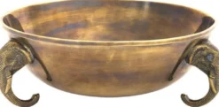 Casa Padrino Luxus Edelstahl Deko Schüssel mit 3 dekorativen Messing Elefantenköpfen Vintage Messingfarben Ø 32 x H. 11 cm - Edle Obstschale - Hotel & Restaurant Accessoires