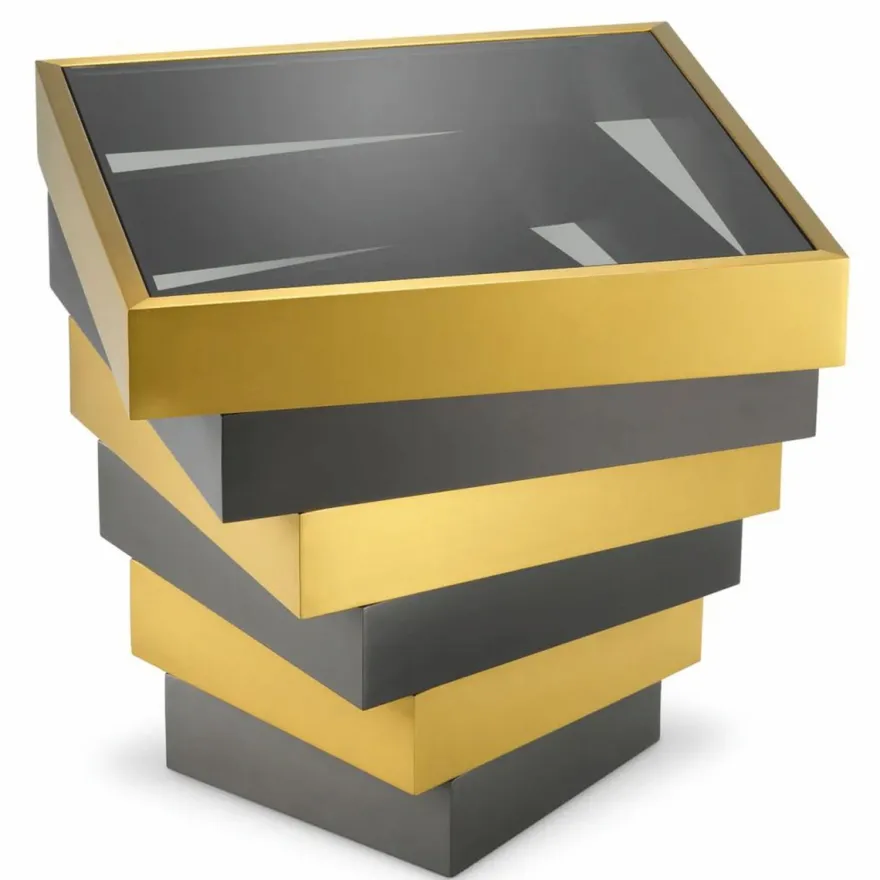Casa Padrino Luxus Edelstahl Beistelltisch mit Glasplatte Messing / Bronze / Grau
