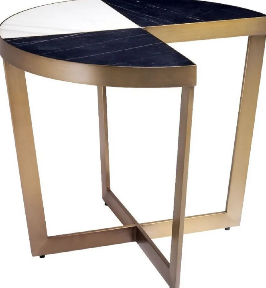 Casa Padrino Luxus Edelstahl Beistelltisch mit Marmor Tischplatte Schwarz / Weiß / Messingfarben Ø 60 x H. 50,5 cm - Luxus Möbel