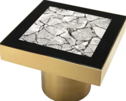 Casa Padrino Luxus Edelstahl Beistelltisch mit Kunstmarmorplatte Messingfarben / Hochglanzschwarz / Grau 65 x 65 x H. 50 cm - Designer Wohnzimmermöbel