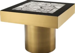 Casa Padrino Luxus Edelstahl Beistelltisch mit Kunstmarmorplatte Messingfarben / Hochglanzschwarz / Grau 65 x 65 x H. 50 cm - Designer Wohnzimmermöbel