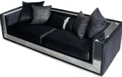 Casa Padrino Luxus 3er Sofa Schwarz / Siber 220 x 90 x H. 70 cm - Verspiegeltes Wohnzimmer Sofa - Hotel Sofa - Wohnzimmer Möbel - Hotel Möbel - Luxus Möbel