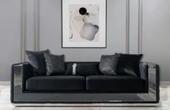 Casa Padrino Luxus 3er Sofa Schwarz / Siber 220 x 90 x H. 70 cm - Verspiegeltes Wohnzimmer Sofa - Hotel Sofa - Wohnzimmer Möbel - Hotel Möbel - Luxus Möbel