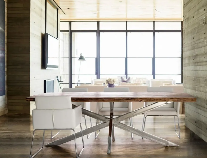 Casa Padrino Luxus Esstisch Braun / Silber 220 x 100 x H. 77 cm - Rechteckiger Küchentisch mit Massivholz Tischplatte und Edelstahl Beinen - Esszimmer Möbel - Küchen Möbel - Luxus Möbel