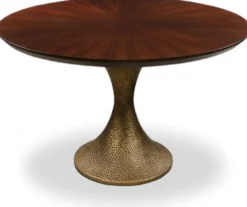 Casa Padrino Luxus Esstisch Braun / Antik Gold Ø 200 x H. 76 cm - Runder Küchentisch mit edler Eichenfurnier Tischplatte und Tischbein in gehämmerter Optik - Luxus Esszimmmer Möbel
