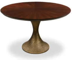 Casa Padrino Luxus Esstisch Braun / Antik Gold Ø 160 x H. 76 cm - Runder Küchentisch mit edler Eichenfurnier Tischplatte und Tischbein in gehämmerter Optik - Luxus Esszimmmer Möbel