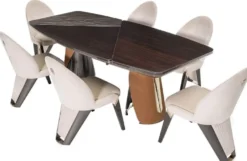 Casa Padrino Luxus Esstisch Dunkelbraun / Grau / Hellbraun / Gold 240 x 113 x H. 79,5 cm - Massivholz Esszimmertisch mit Tischplatte in Marmoroptik - Esszimmer Möbel - Luxus Möbel