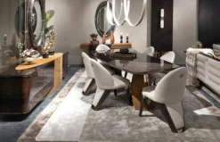 Casa Padrino Luxus Esstisch Dunkelbraun / Grau / Hellbraun / Gold 240 x 113 x H. 79,5 cm - Massivholz Esszimmertisch mit Tischplatte in Marmoroptik - Esszimmer Möbel - Luxus Möbel