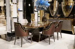 Casa Padrino Luxus Esstisch Grau / Braun / Gold 226 x 112 x H. 70 cm - Rechteckiger Massivholz Küchentisch - Esszimmer Möbel - Luxus Möbel - Luxus Kollektion