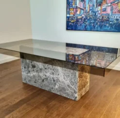 Casa Padrino Luxus Esstisch Grau 200 x 100 x H. 75 cm - Marmor Küchentisch mit Glas Tischplatte - Esszimmer Möbel - Marmor Möbel - Luxus Möbel