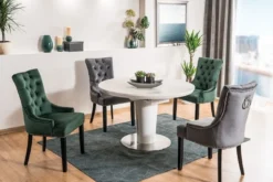 Casa Padrino Luxus Esstisch Matt Weiß / Grau / Silber 120-160 x 120 x H. 76 cm - Moderner ausziehbarer Esszimmertisch mit Keramikplatten in Marmoroptik - Küchen Möbel
