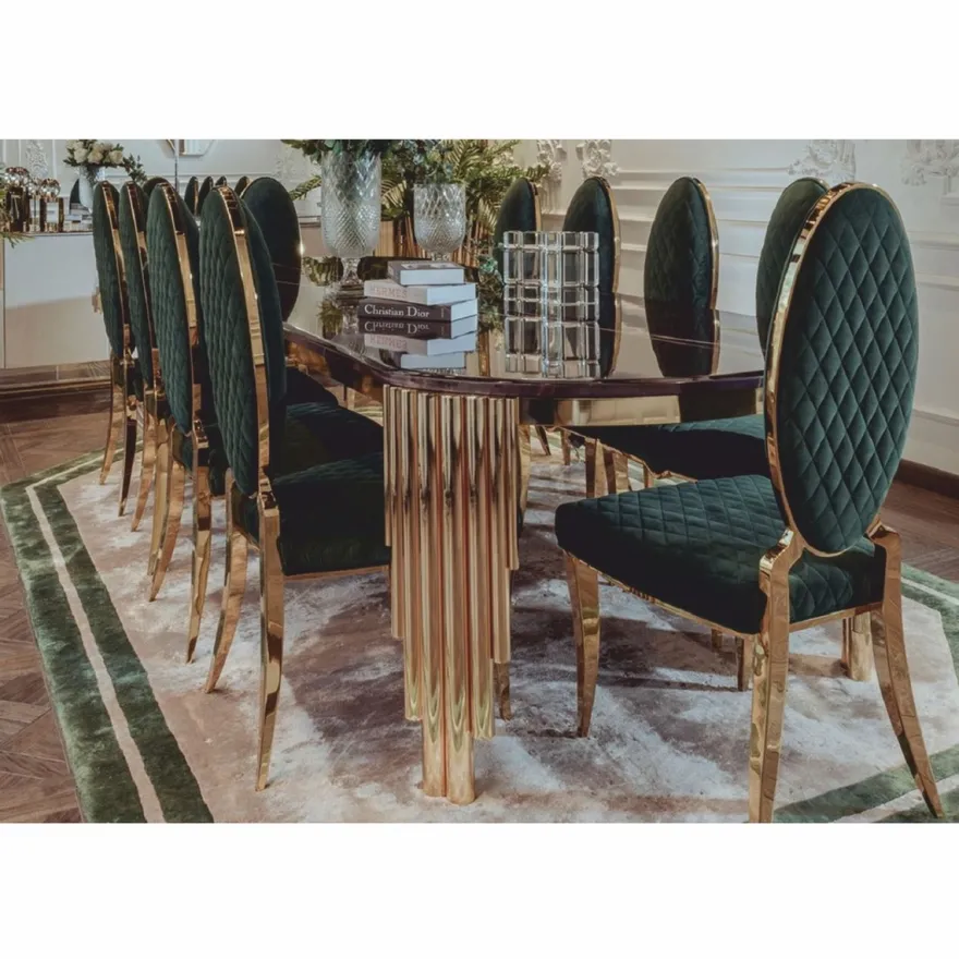 Casa Padrino Luxus Esstisch mit Kunstmarmor Tischplatte Schwarz / Gold 240 cm - Esszimmer Möbel