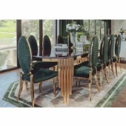 Casa Padrino Luxus Esstisch mit Kunstmarmor Tischplatte Schwarz / Gold 240 cm - Esszimmer Möbel