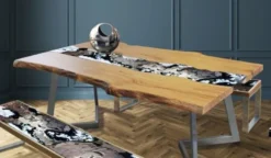 Casa Padrino Luxus Esstisch Naturfarben / Mehrfarbig / Silber 200 x 100 x H. 75 cm - Moderner Massivholz Tisch mit edlem Lavastein und Edelstahl Gestell - Esszimmmer Möbel - Luxus Qualität