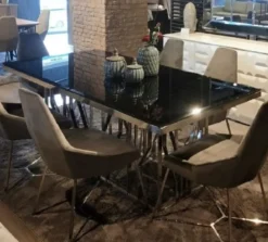 Casa Padrino Luxus Esstisch Silber / Schwarz 200 x 100 x H. 77 cm - Rechteckiger Edelstahl Küchentisch mit Glasplatte - Esszimmer Möbel - Luxus Möbel - Luxus Einrichtung