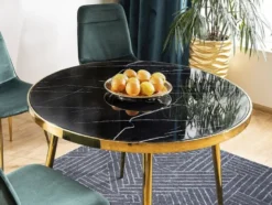 Casa Padrino Luxus Esstisch Schwarz / Gold Ø 100 x H. 75 cm - Runder Esszimmertisch mit Glasplatte in Marmoroptik - Esszimmer Möbel - Küchen Möbel