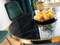Casa Padrino Luxus Esstisch Schwarz / Gold Ø 100 x H. 75 cm - Runder Esszimmertisch mit Glasplatte in Marmoroptik - Esszimmer Möbel - Küchen Möbel