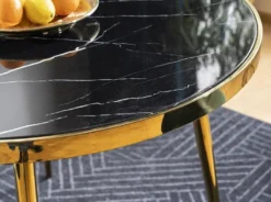 Casa Padrino Luxus Esstisch Schwarz / Gold Ø 100 x H. 75 cm - Runder Esszimmertisch mit Glasplatte in Marmoroptik - Esszimmer Möbel - Küchen Möbel