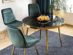 Casa Padrino Luxus Esstisch Schwarz / Gold Ø 100 x H. 75 cm - Runder Esszimmertisch mit Glasplatte in Marmoroptik - Esszimmer Möbel - Küchen Möbel